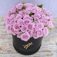 Сиреневые розы кустовые в коробке