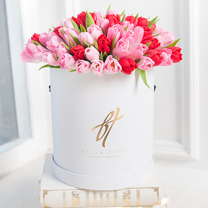 Розовые и красные тюльпаны в коробке Royal