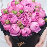 Пионовидные розы «Мисти бабблс» в черной коробке Small