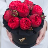 Пионовидные розы «Ред пиано» в черной коробке Small