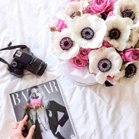 Анемоны с розами «Мисти бабблс» в коробке Royal 