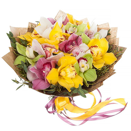 Букет с разноцветными орхидеями «Дыхание лета»