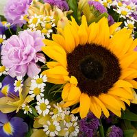 Букет с ромашками и подсолнухом «Вечерний наряд»