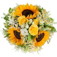 Букет ромашек с подсолнухами «Яркий рассвет»