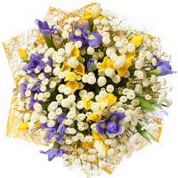 Букет с ирисами и ромашками «Калейдоскоп»
