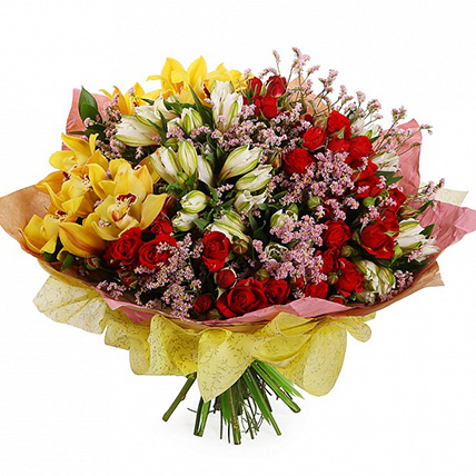 Букет с альстромерией, орхидеями и розами «Гармония стиля»