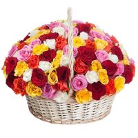 101 роза микс в корзине (АКЦИЯ)