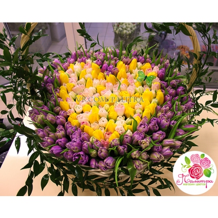 301 тюльпан в форме сердца в корзине